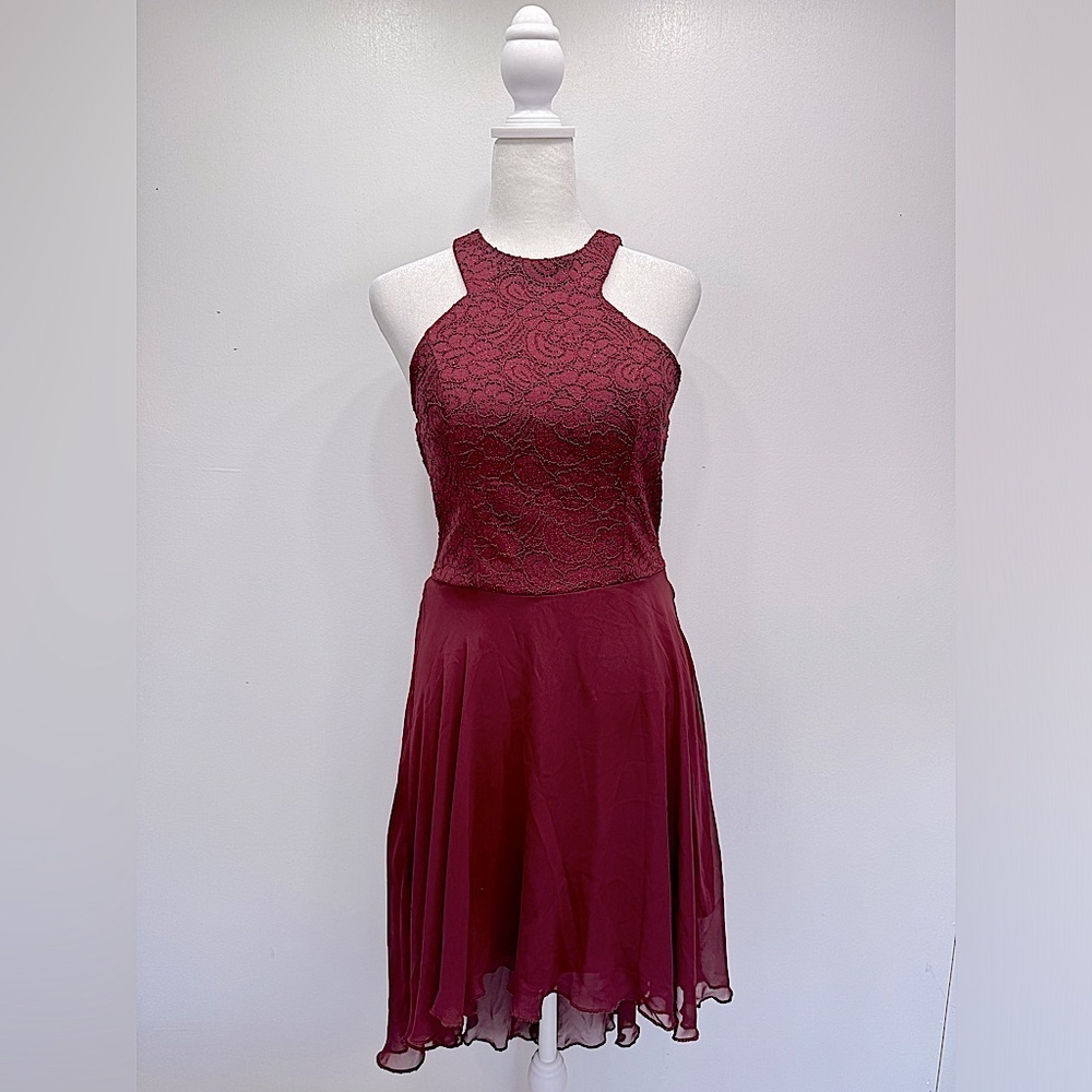 Burgundy Halter Neckline Sparkle Bodice Sheer Overlay Hi Lo Dress Speechless New